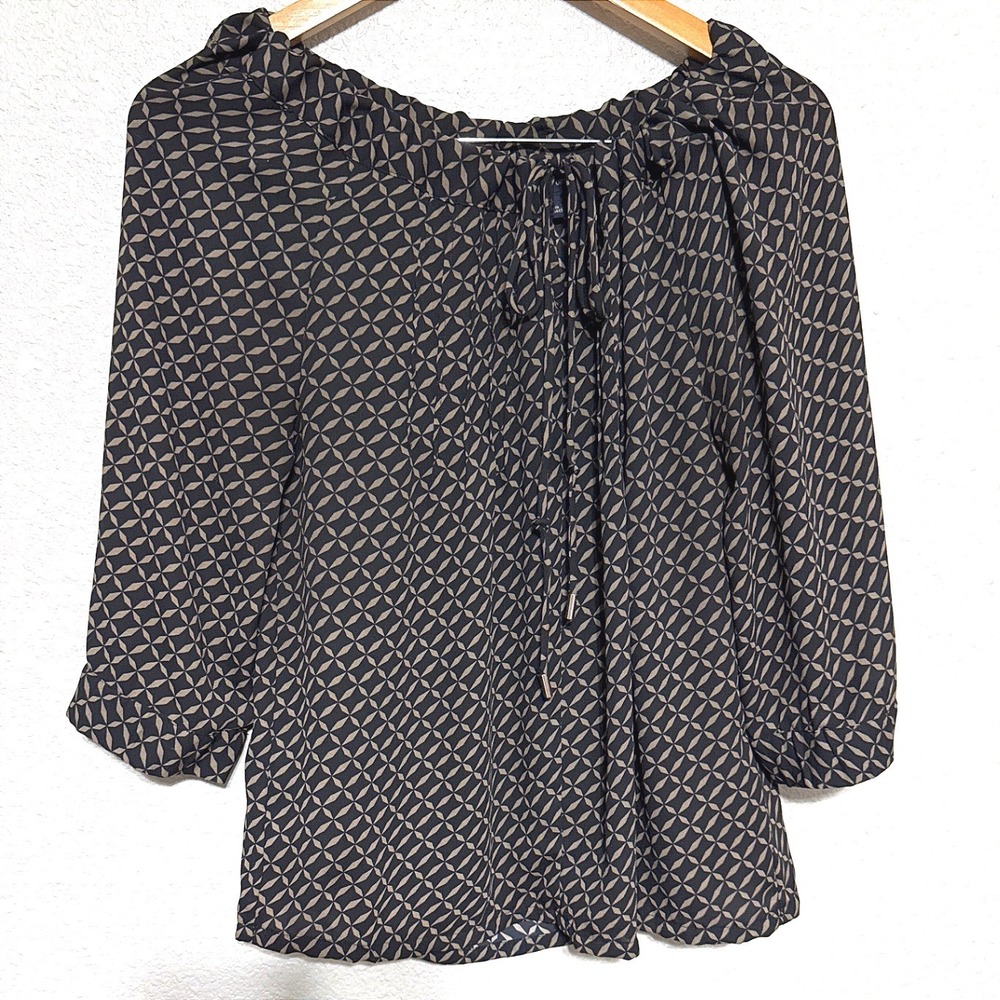 Banana Republic Women's Small Geometric Tie Neck Career Casual Brown Blouse Top
